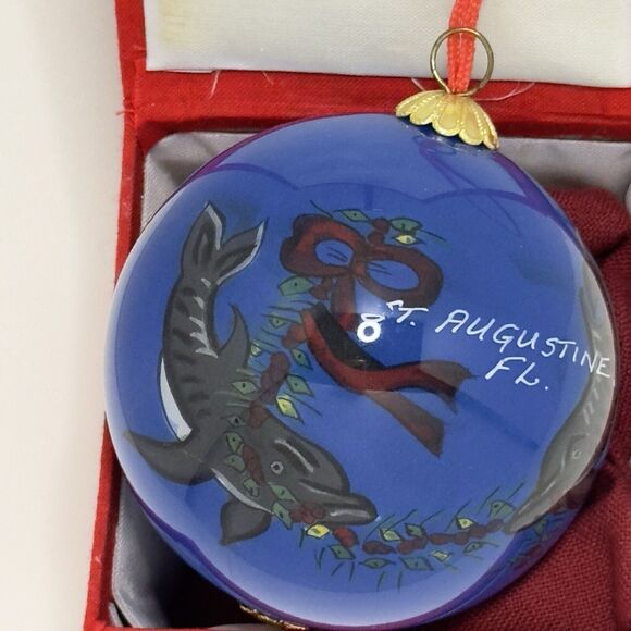 Glass Painted Christmas Ornament, Saint Augustine Florida Dolphin Holiday w/Box - Picture 3 of 10